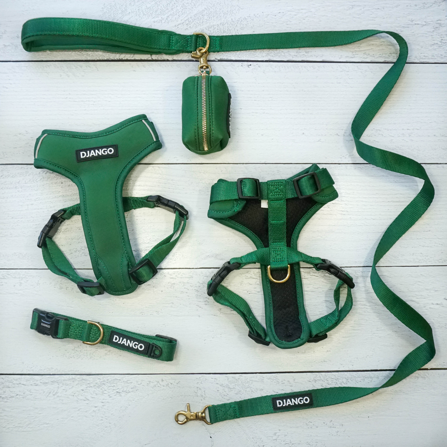 DJANGO Adventure Bundle in Forest Green - The Adventure Bundle includes our comfortable, durable, and weather-resistant Adventure Dog Harness, Adventure Dog Collar, Standard Adventure Dog Leash, and chic Waste Bag Holder. All items feature high-strength and corrosion-resistant solid brass hardware. Save $$$ when you complete your set and order the Adventure Bundle - djangobrand.com