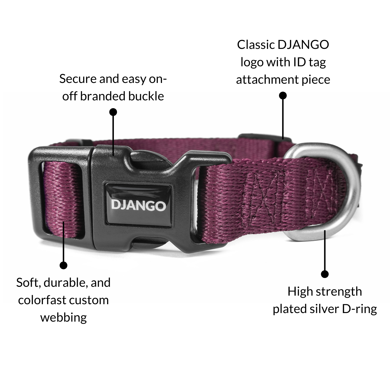 DJANGO Tahoe Dog Collar in Raspberry Purple - Key features include soft and durable custom webbing, a heavy duty plated silver D-ring, a secure and easy on-off side release buckle, and DJANGO's classic logo. - djangobrand.com
