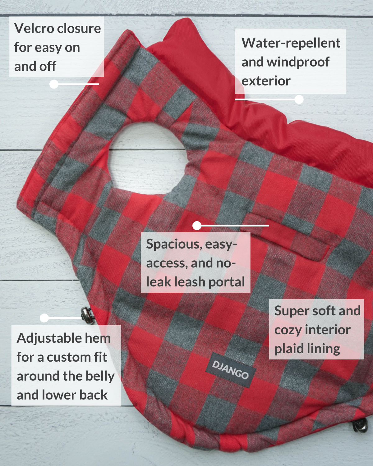 DJANGO’s popular puffer dog coat features two elastic drawstrings. Adjust your Reversible Puffer’s hem for a custom fit around your dog’s belly and lower back. Our insulated dog coat also now features an oversized, no-leak, and easy-access leash portal that pairs perfectly with your favorite DJANGO dog harness and leash set. - djangobrand.com