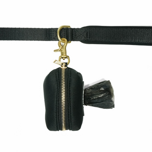 DJANGO Dog Waste Bag Holder - Chic and classy poop bag holder for dogs - Black neoprene with solid brass hardware - djangobrand.com