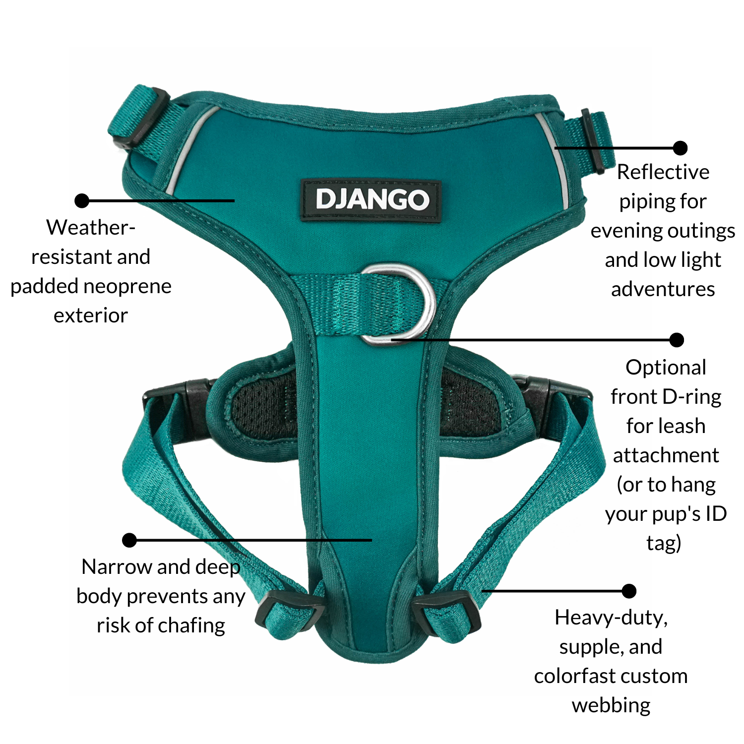 DJANGO Tahoe No Pull Dog Harness in Dark Teal Green - Key features include a weather-resistant and padded neoprene exterior, a narrow and deep harness body (to prevent the risk of chafing) reflective piping, and soft webbing. - djangobrand.com