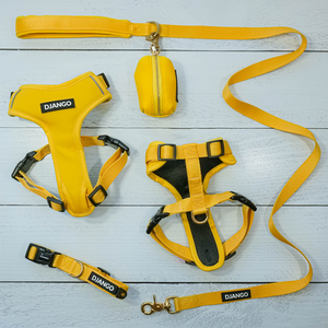 DJANGO Adventure Bundle in Dandelion Yellow - The Adventure Bundle includes our comfortable, durable, and weather-resistant Adventure Dog Harness, Adventure Dog Collar, Standard Adventure Dog Leash, and chic Waste Bag Holder. All items feature high-strength and corrosion-resistant solid brass hardware. Save $$$ when you complete your set and order the Adventure Bundle - djangobrand.com