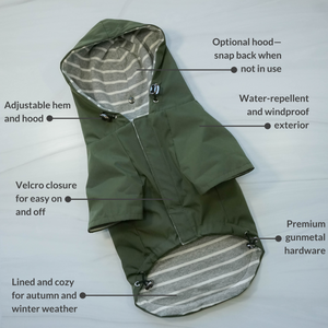 DJANGO Highland Cold Weather Dog Jacket and Raincoat in Olive Green - Made of water-repellent performance fabric, DJANGO's Highland Dog Jacket and Raincoat is a beautiful, stylish, and super functional dog coat. The soft-to-the-touch exterior shell will shield your pup from rain, snow, dirt, and windchill - djangobrand.com