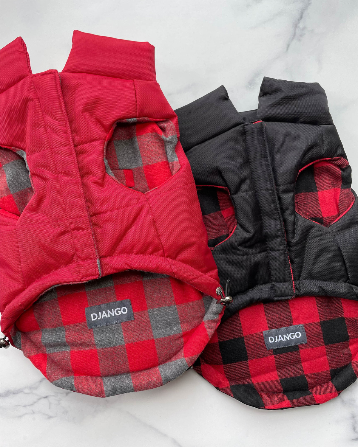 DJANGO's Reversible Puffer Dog Coat features a windproof, snowproof, and water-repellent exterior and a super soft and cozy plaid interior lining. Reversible? Yes! Wear your DJANGO puffer coat 2 ways for double the style. - djangobrand.com