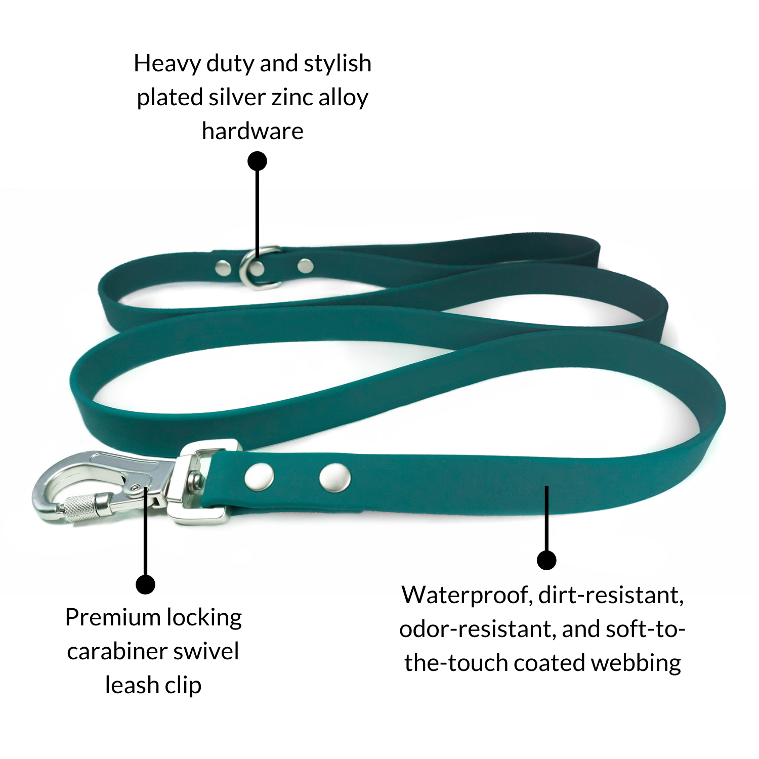 DJANGO Tahoe Dog Leash in Dark Teal - The waterproof dog leash features heavy duty and stylish plated silver hardware and a premium locking carabiner leash clip for extra security - djangobrand.com