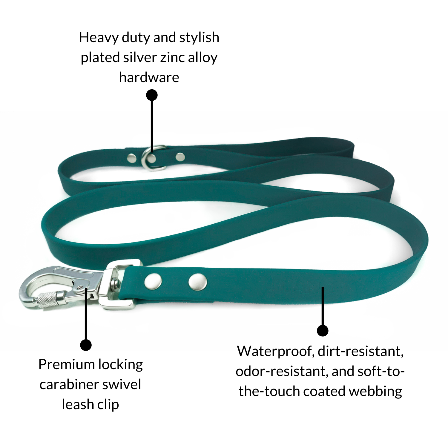 DJANGO Tahoe Dog Leash in Dark Teal - The waterproof dog leash features heavy duty and stylish plated silver hardware and a premium locking carabiner leash clip for extra security - djangobrand.com 