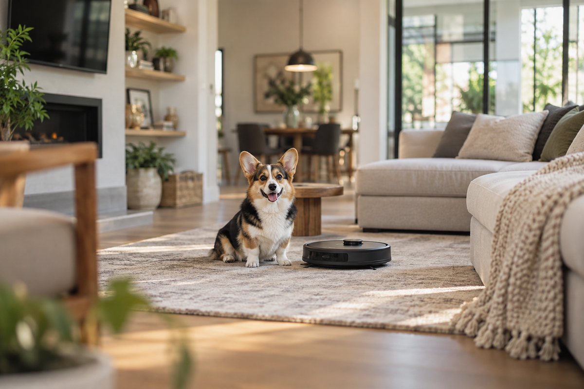 Corgi and a robot vacuum in a cozy living room