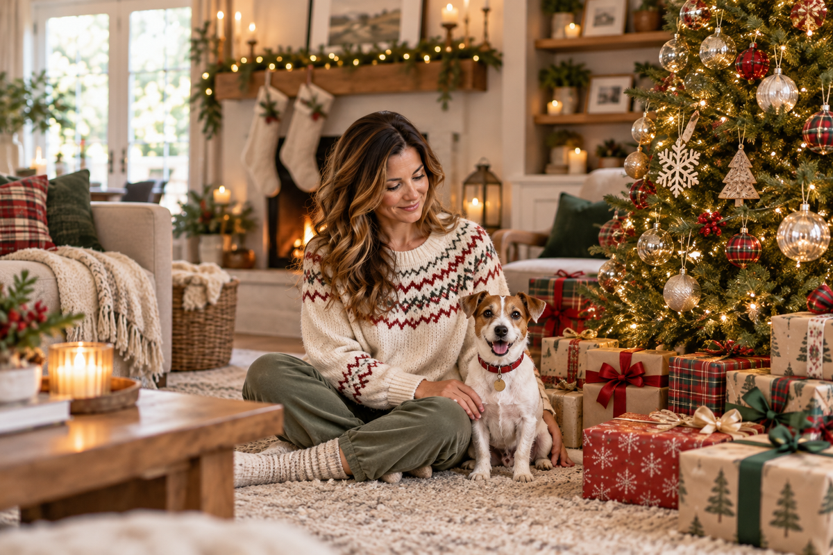 Dog mom and small dog sitting next to Christmas tree with presents all around