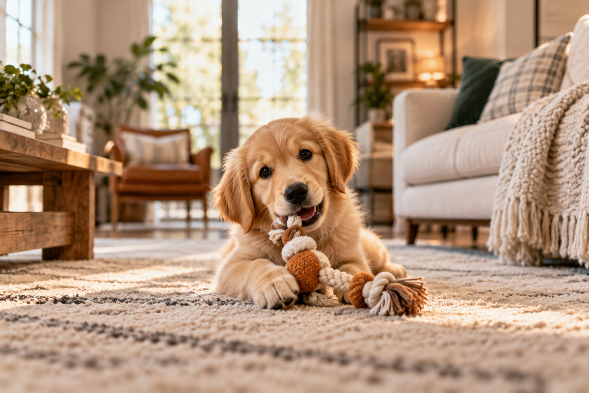Golden Retriever Puppy Chewing Rope Toy On Living Room Carpet