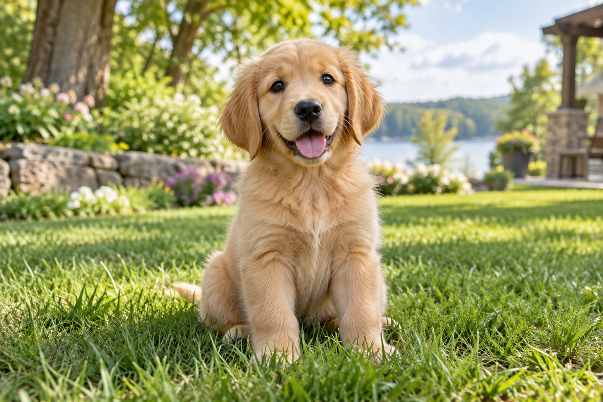Happy Golden retriever puppy sitting outside in grass