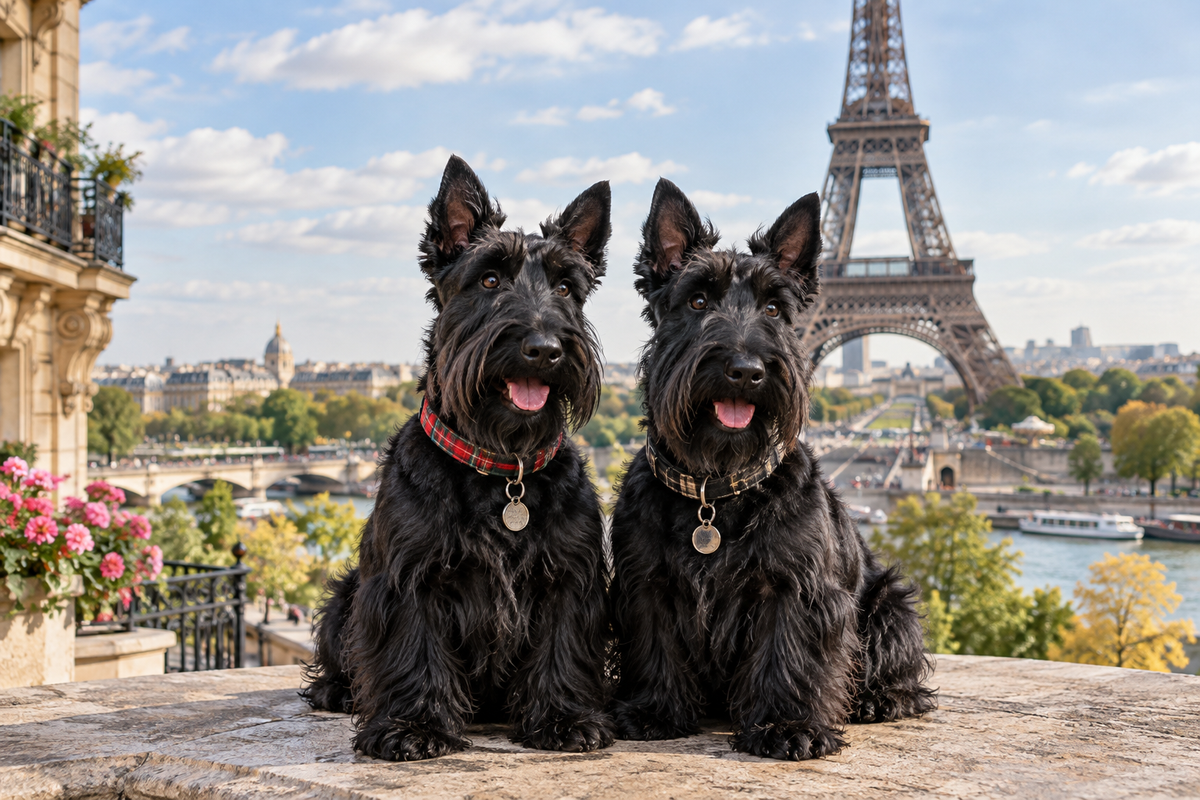 Two scottish terriers overlooking Paris on a sunny day