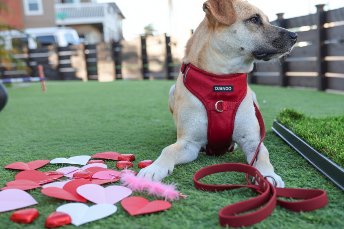 Dog wearing red valentine color harness and soft waterproof leash and surrounded by colorful Valentines Day hearts