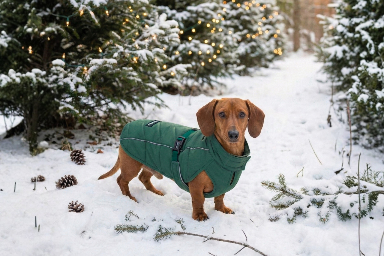 smooth red dachshund wearing insulated puffer dog coat on snowy trail
