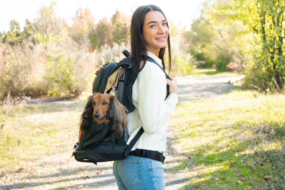 Dog mom carrying small dog in a horizontal-style safe dog carrier backpack