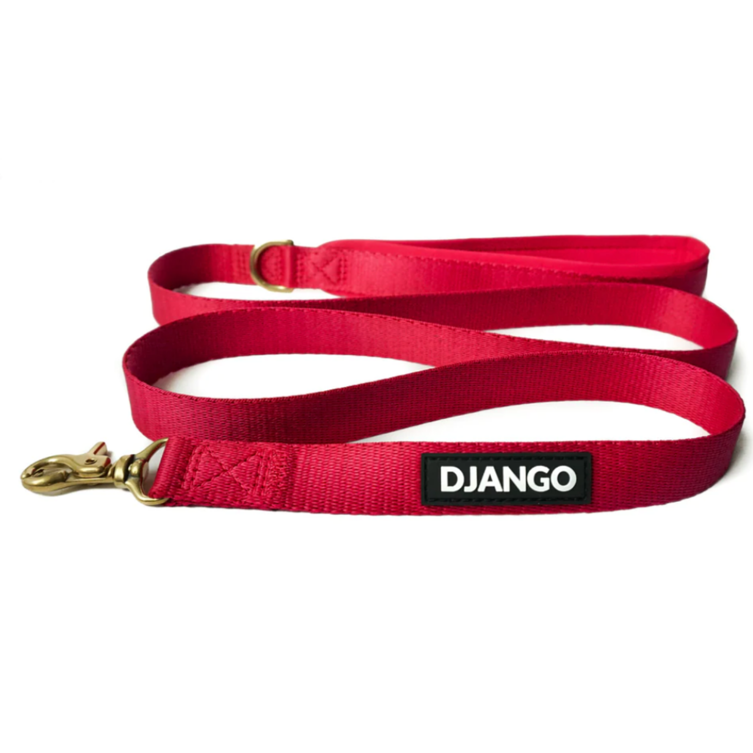 Red DJANGO dog leash with a gold clasp on a white background, featuring the brand logo