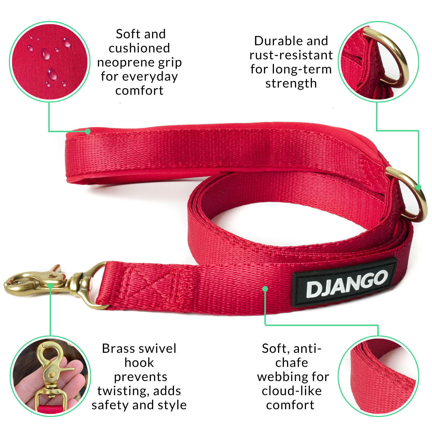Red dog leash with features highlighted on a white background
