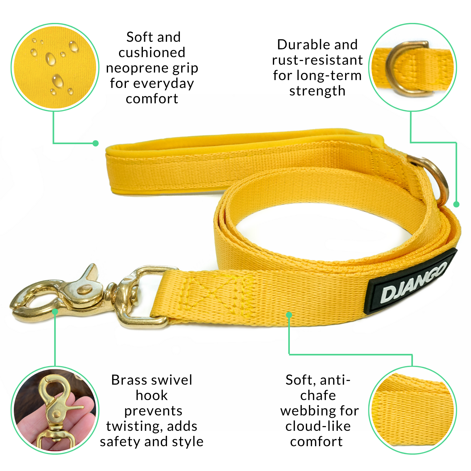 Yellow dog leash with features highlighted on a white background