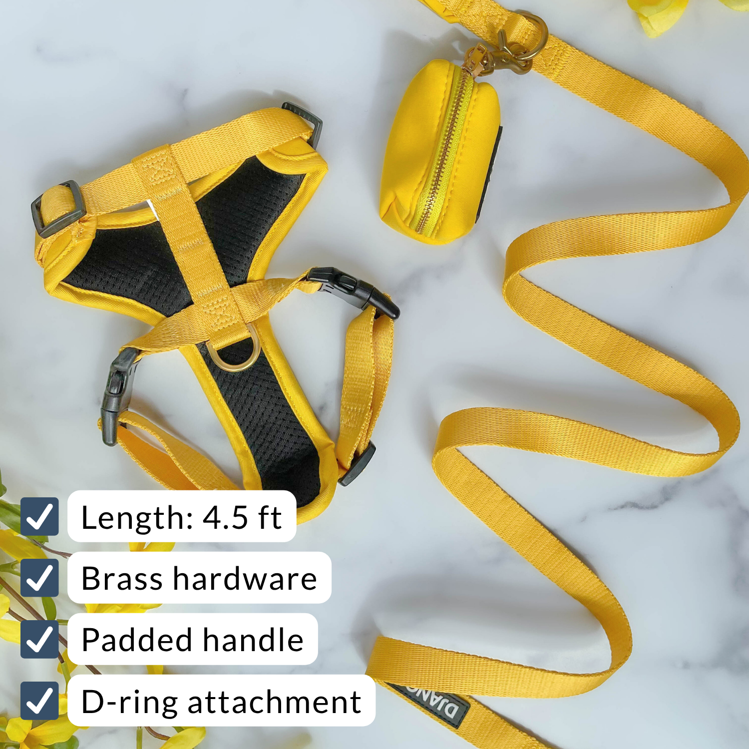 Yellow dog harness and leash set with product features listed on a white background