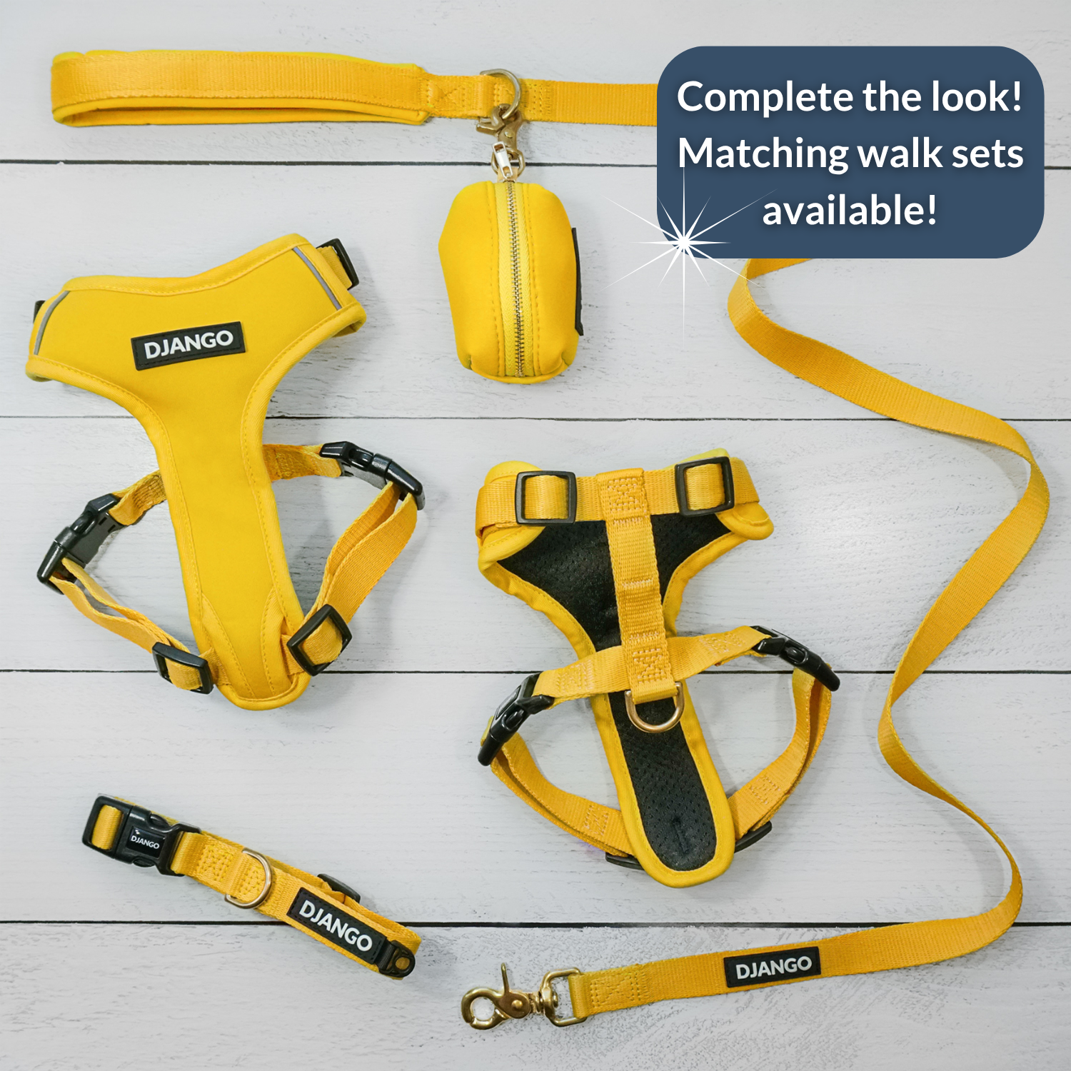 Yellow dog harness, leash, and pouch set with 'Django' branding on a light wooden surface.