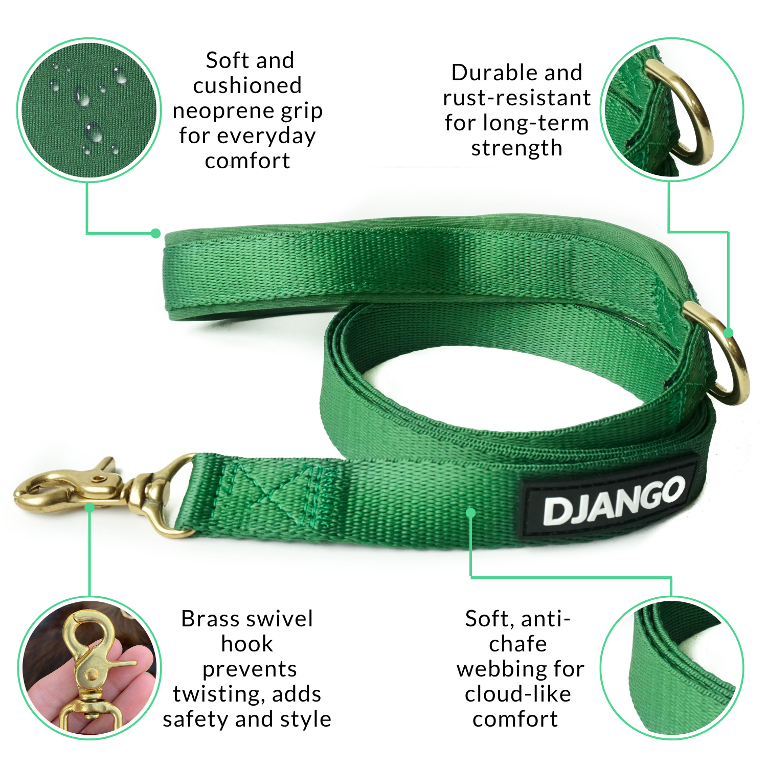 Green dog leash with features highlighted on a white background