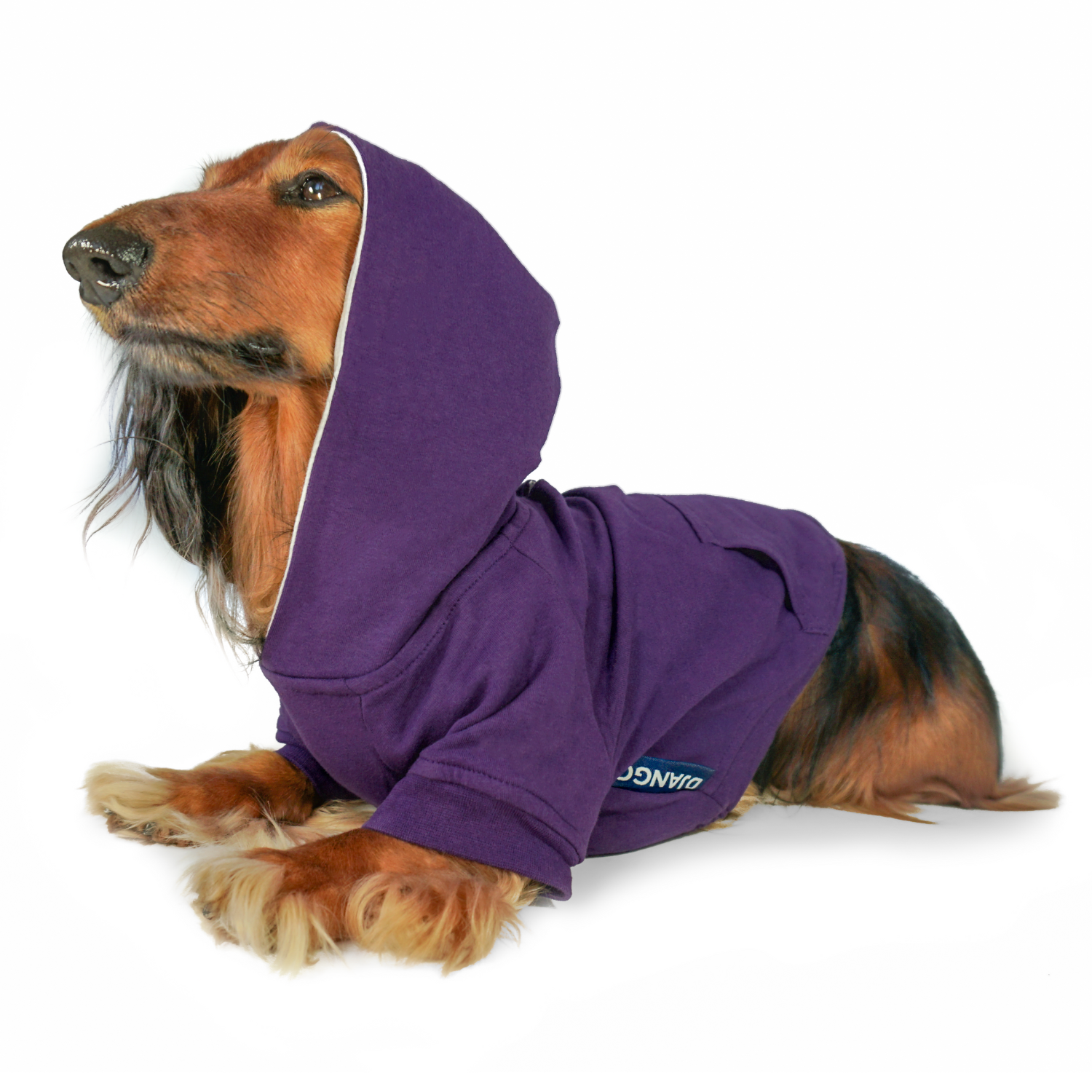 Designed for warmth, comfort, and function, DJANGO's Royal Purple dog hoodies are fully lined and have a reinforced leash portal, a stretchy elastic waistband, and a back pocket. DJANGO dog hoodies are also perfect for layering. Consider pairing your hoodie with your Reversible Puffer Dog Coat or City Slicker All-Weather Dog Jacket during the coldest winter months.- djangobrand.com