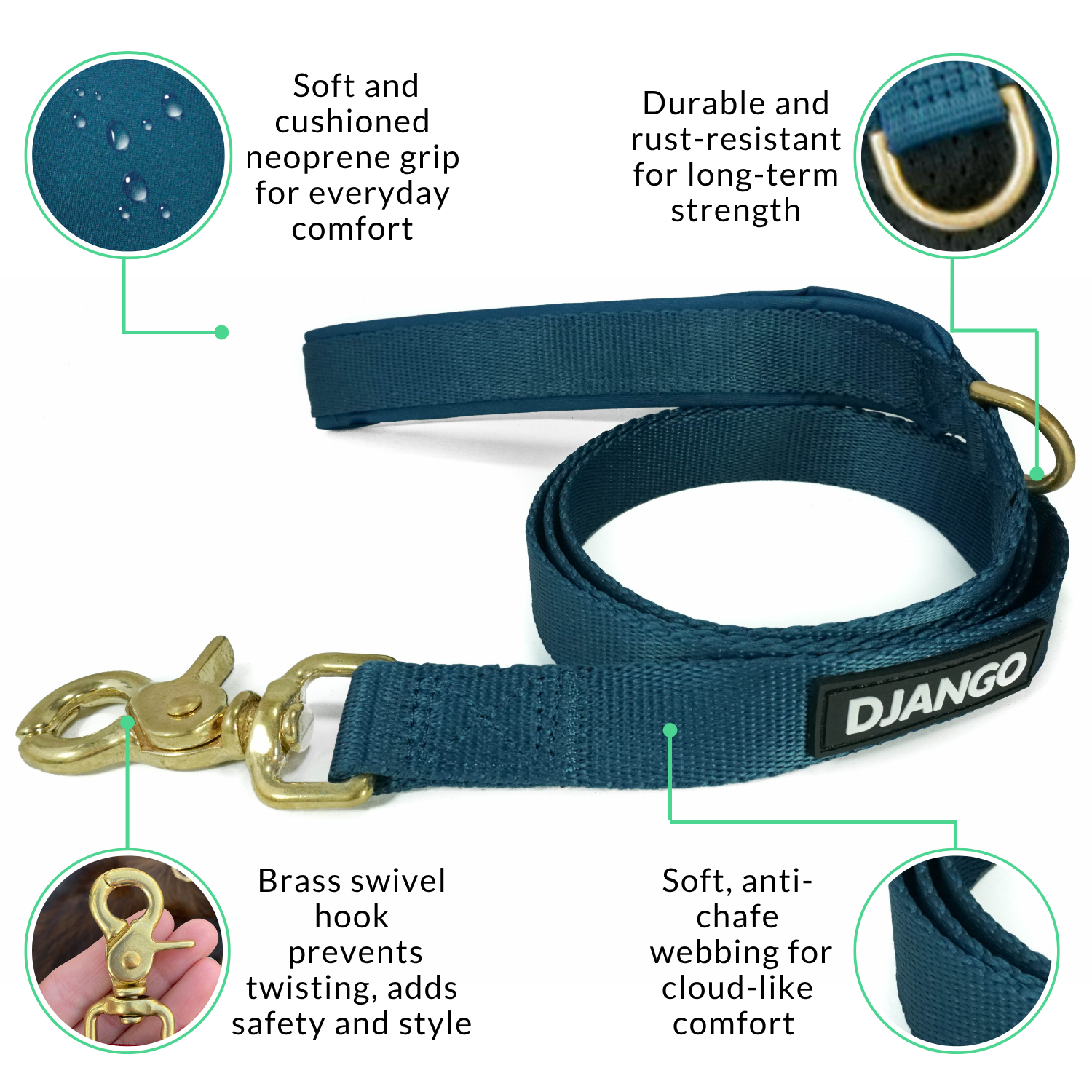 Blue dog leash with features highlighted on a white background