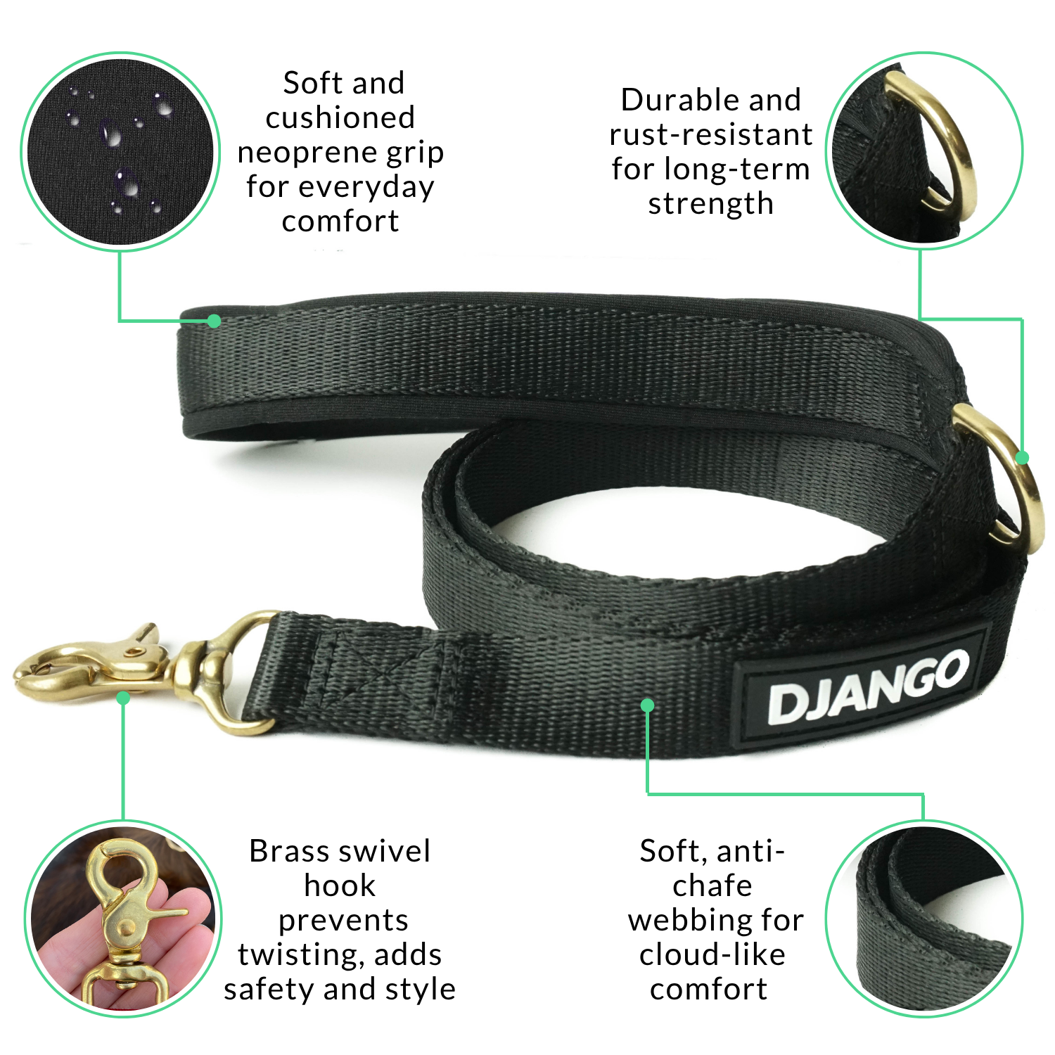 Black dog leash with gold hardware and 'DJANGO' branding, featuring text on its durability and comfort.