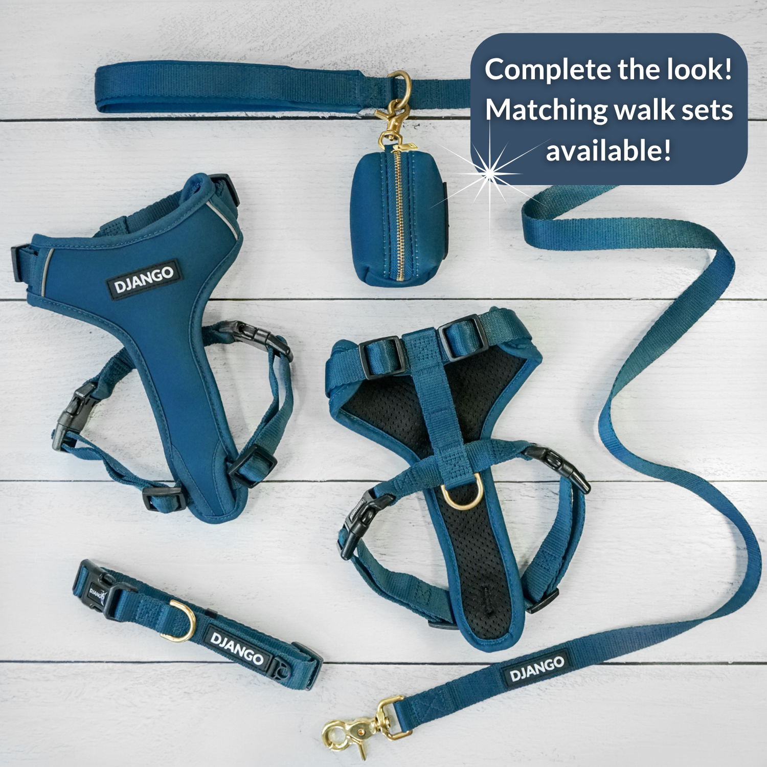Blue dog harness, leash, and collar set with 'Django' branding on a white wooden surface.