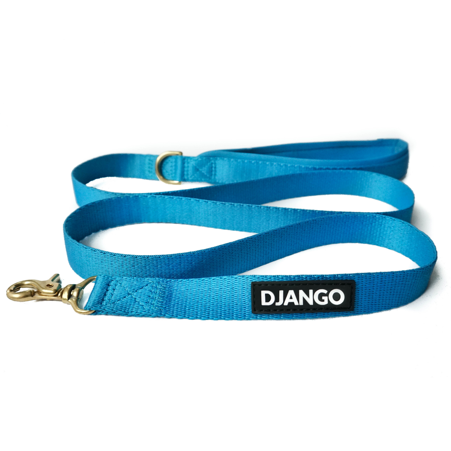Blue dog leash with 'DJANGO' branding on a white background