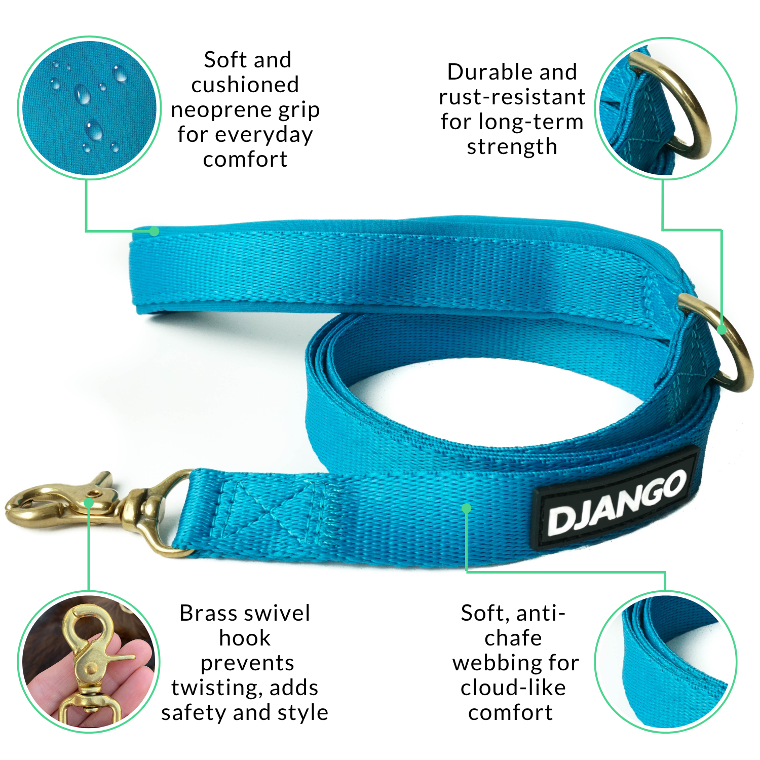 Blue dog leash with features highlighted on a white background