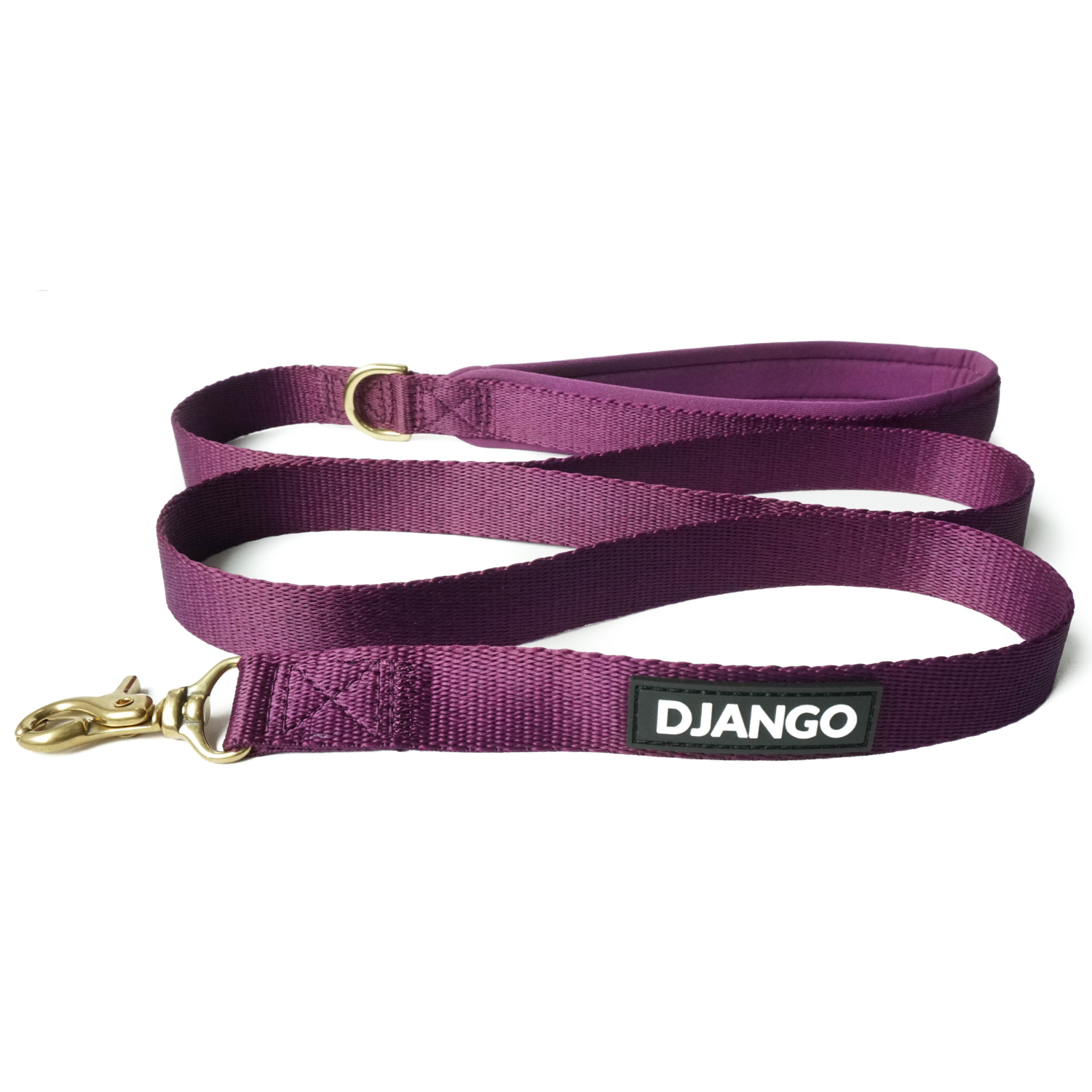 Purple dog leash with a Django label on a white background