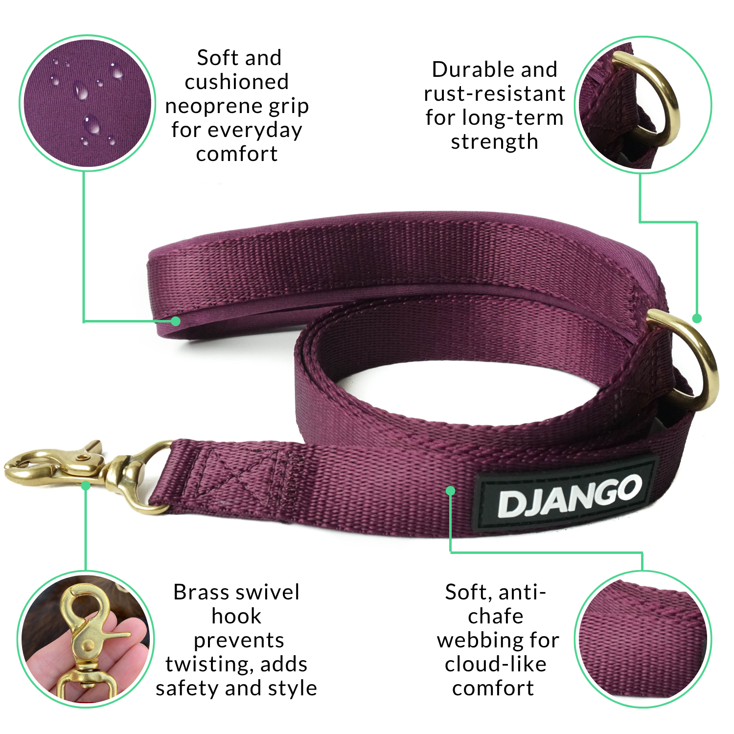Purple dog leash with features highlighted on a white background