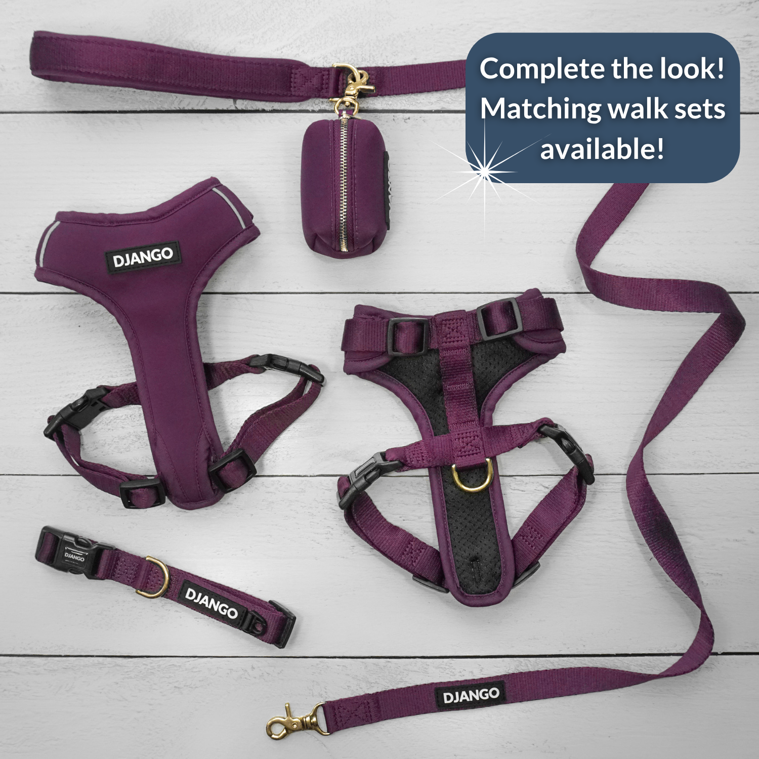 Purple dog harness, leash, and pouch set with 'Django' branding on a white wooden surface.
