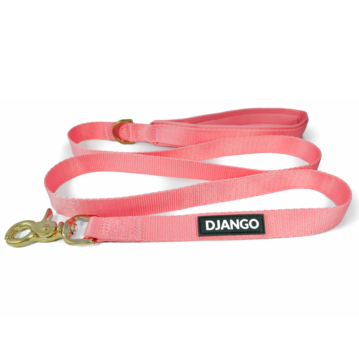 Pink dog leash with gold clasp and Django label on a white background