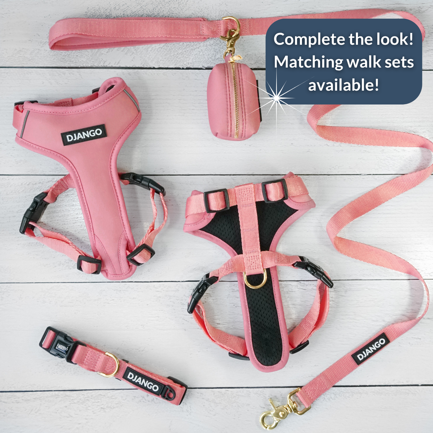 Pink dog harness, leash, and collar set with 'DJANGO' branding on a light wooden surface.