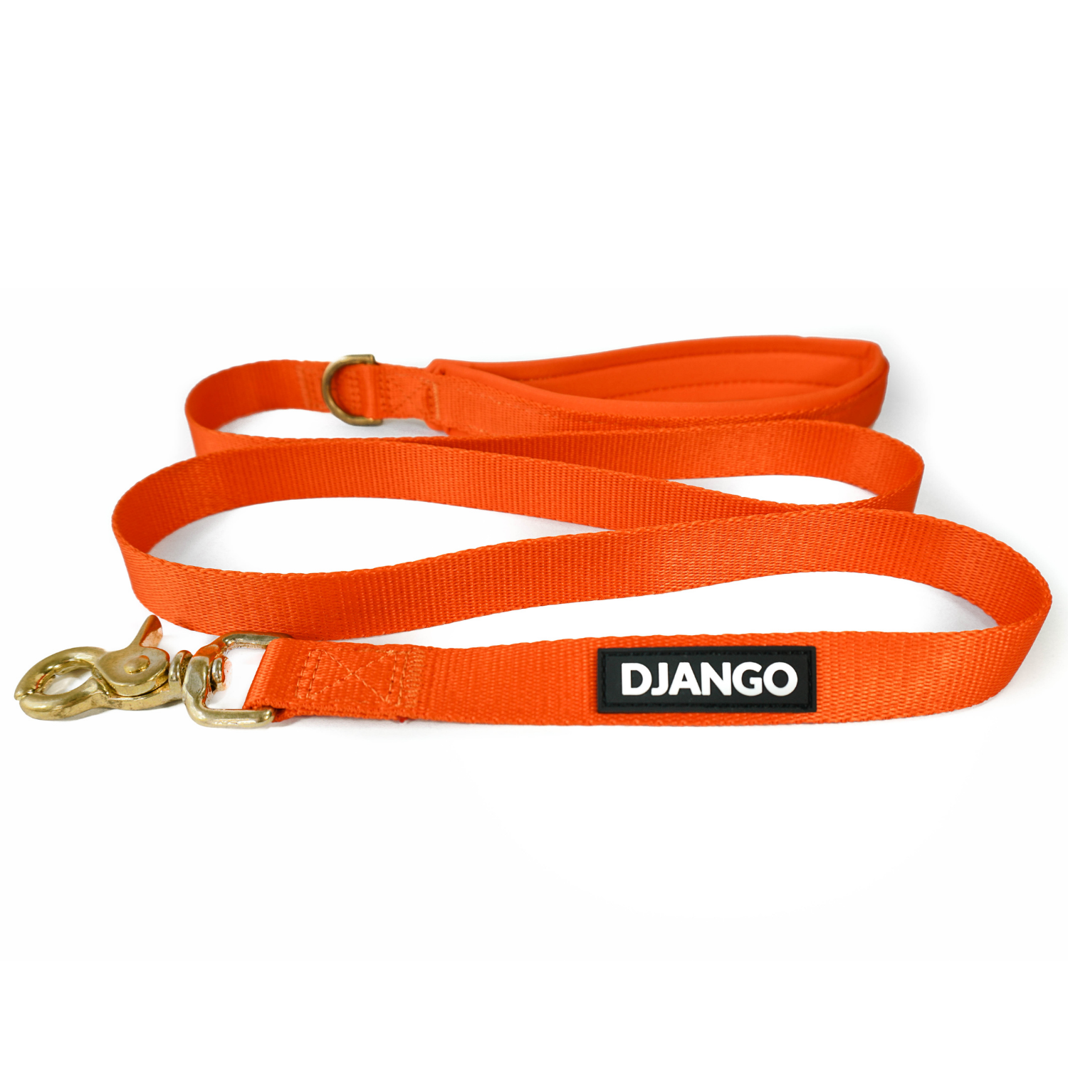 Orange dog leash with gold clasp and 'DJANGO' logo on a white background