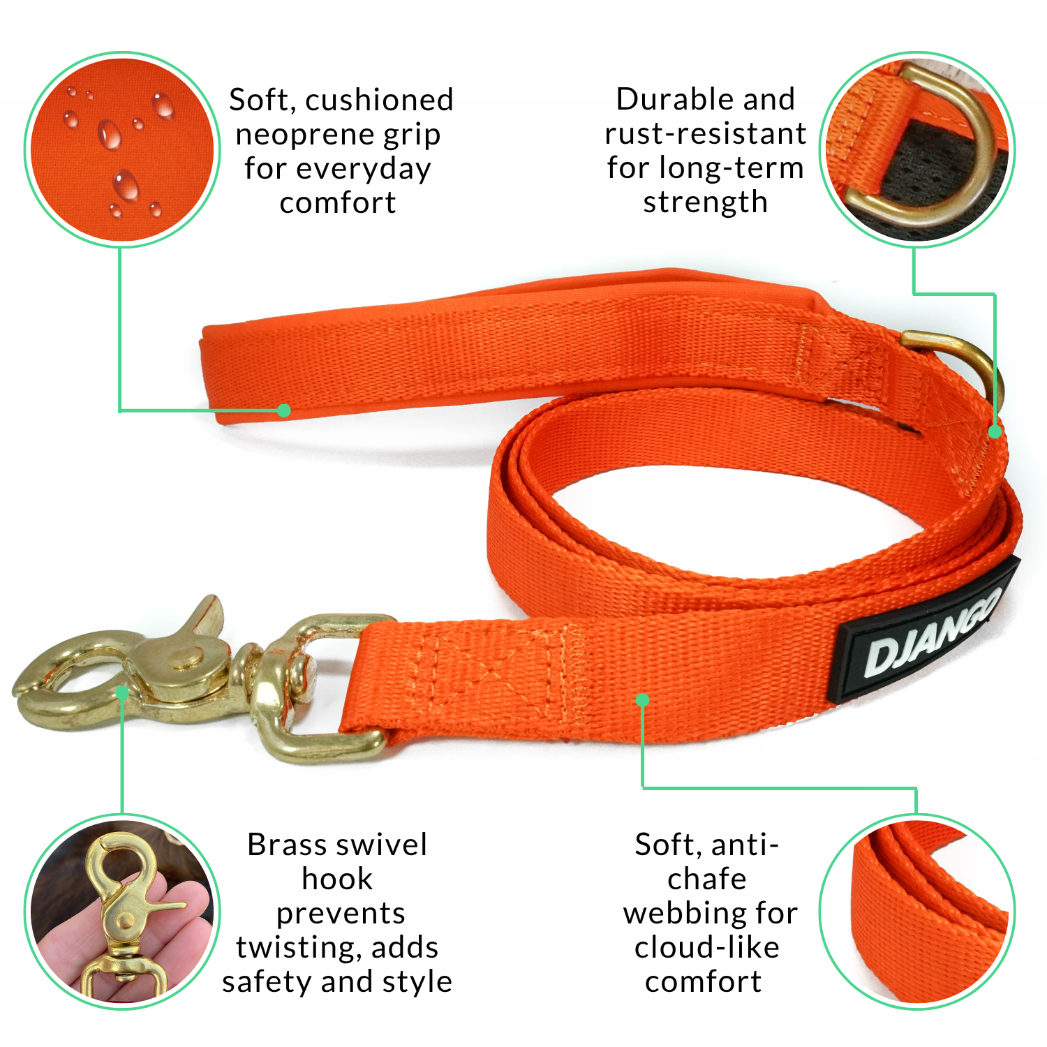 Orange dog leash with features highlighted on a white background