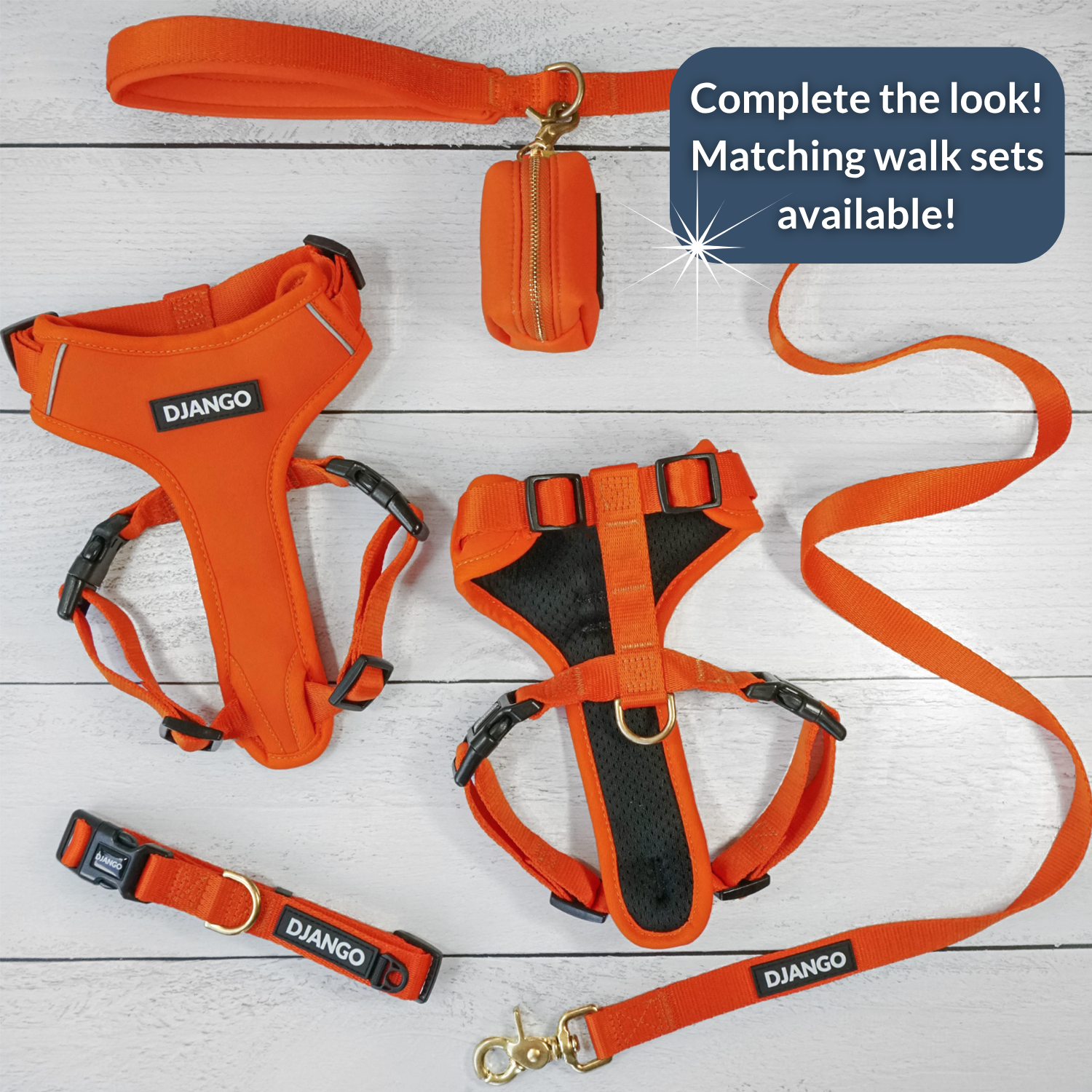 Orange dog harness, leash, and collar set with 'DJANGO' branding on a light wooden surface.