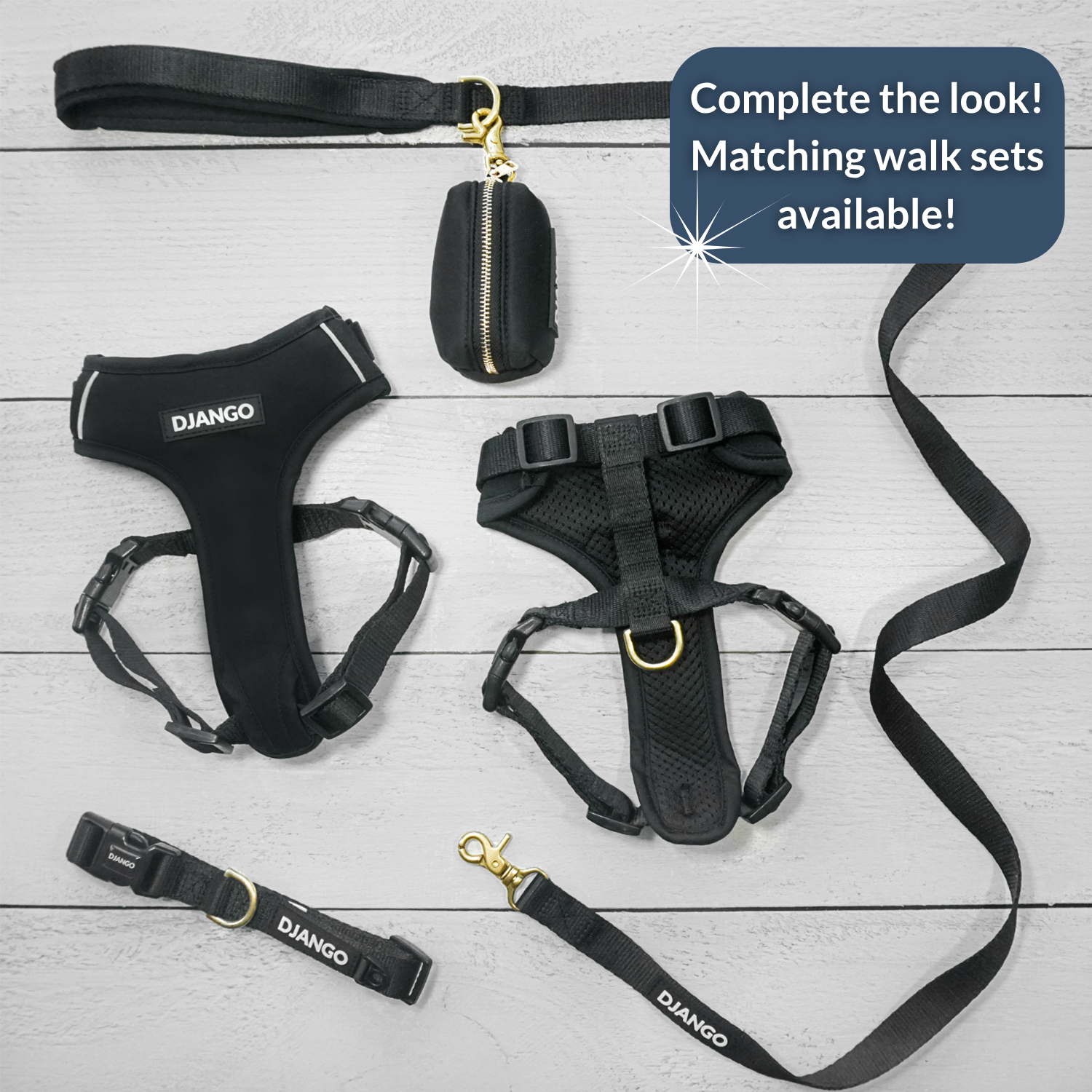 Black dog harness, leash, and pouch with 'DJANGO' branding on a light wooden surface.