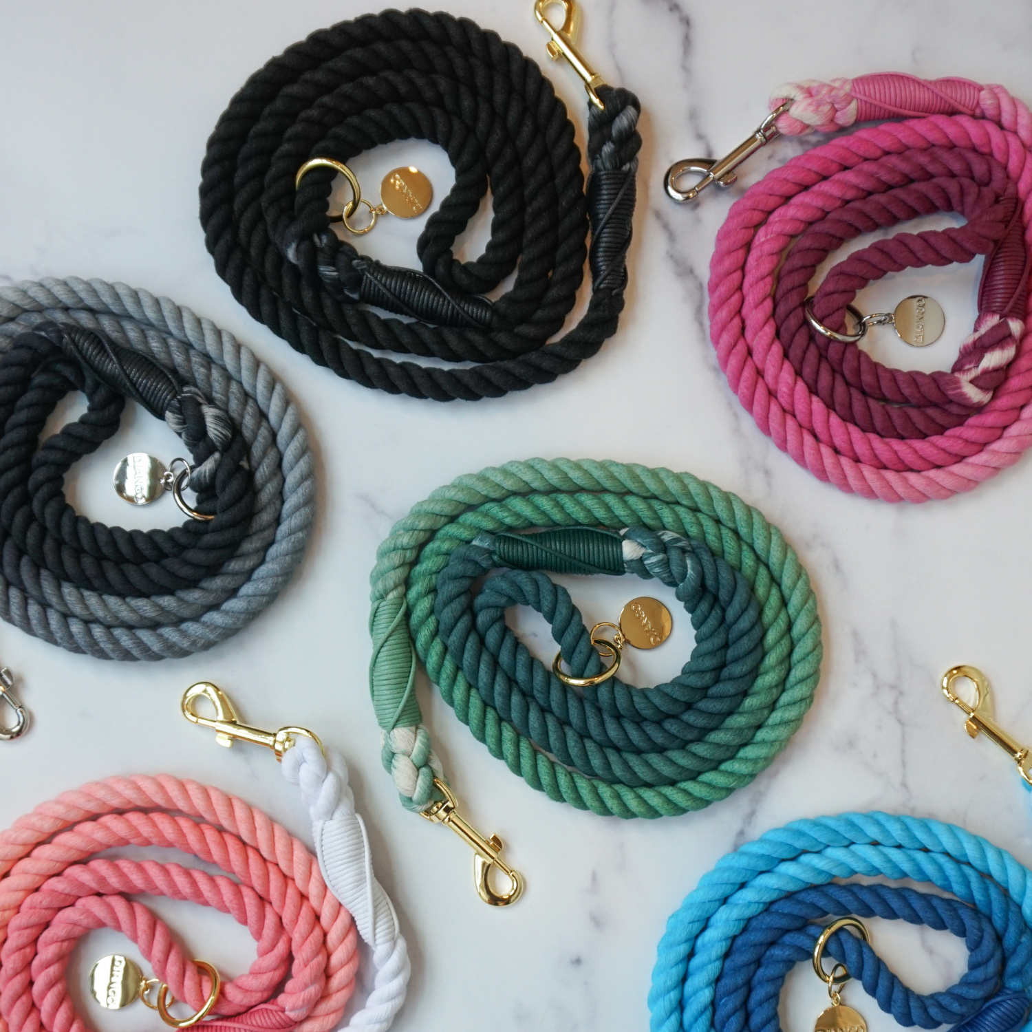 These beautiful, premium rope dog leashes by DJANGO feature gold and silver hardware and gorgeous ombre colors.