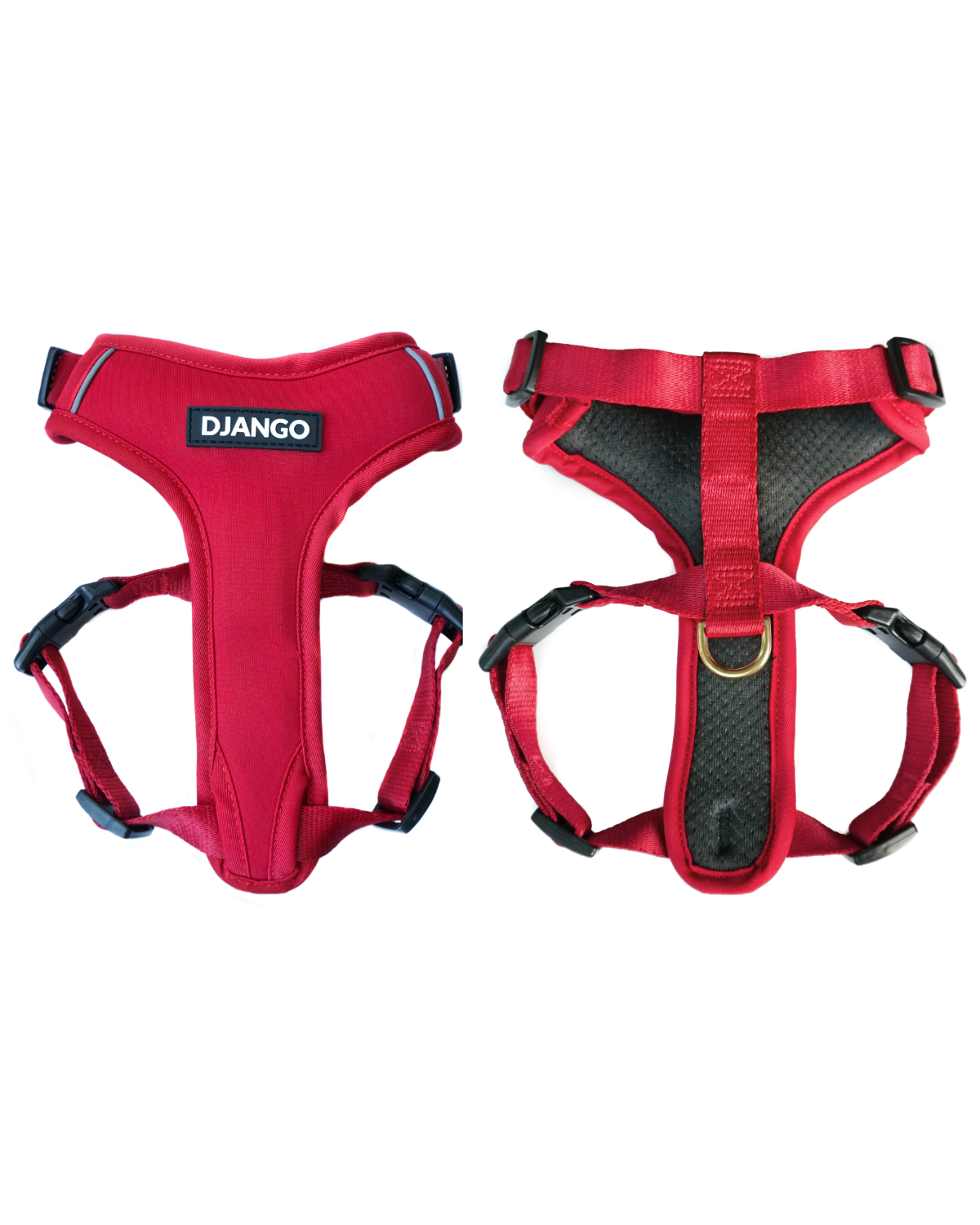 This vibrant red dog harness features a padded neoprene exterior, breathable mesh lining, and a secure, adjustable fit for small and medium dogs