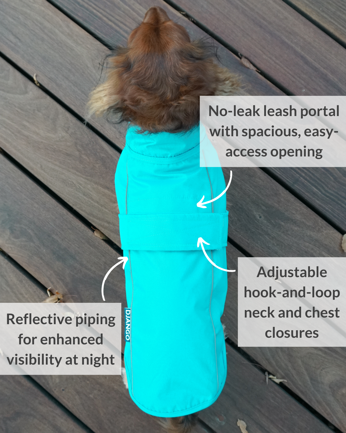 The DJANGO City Slicker in Topaz Blue is a water-repellent raincoat made for long dogs like dachshunds and small breeds. This lightweight jacket ensures your pup stays dry and comfortable, making it the perfect solution for rainy day walks and outdoor activities in any weather.