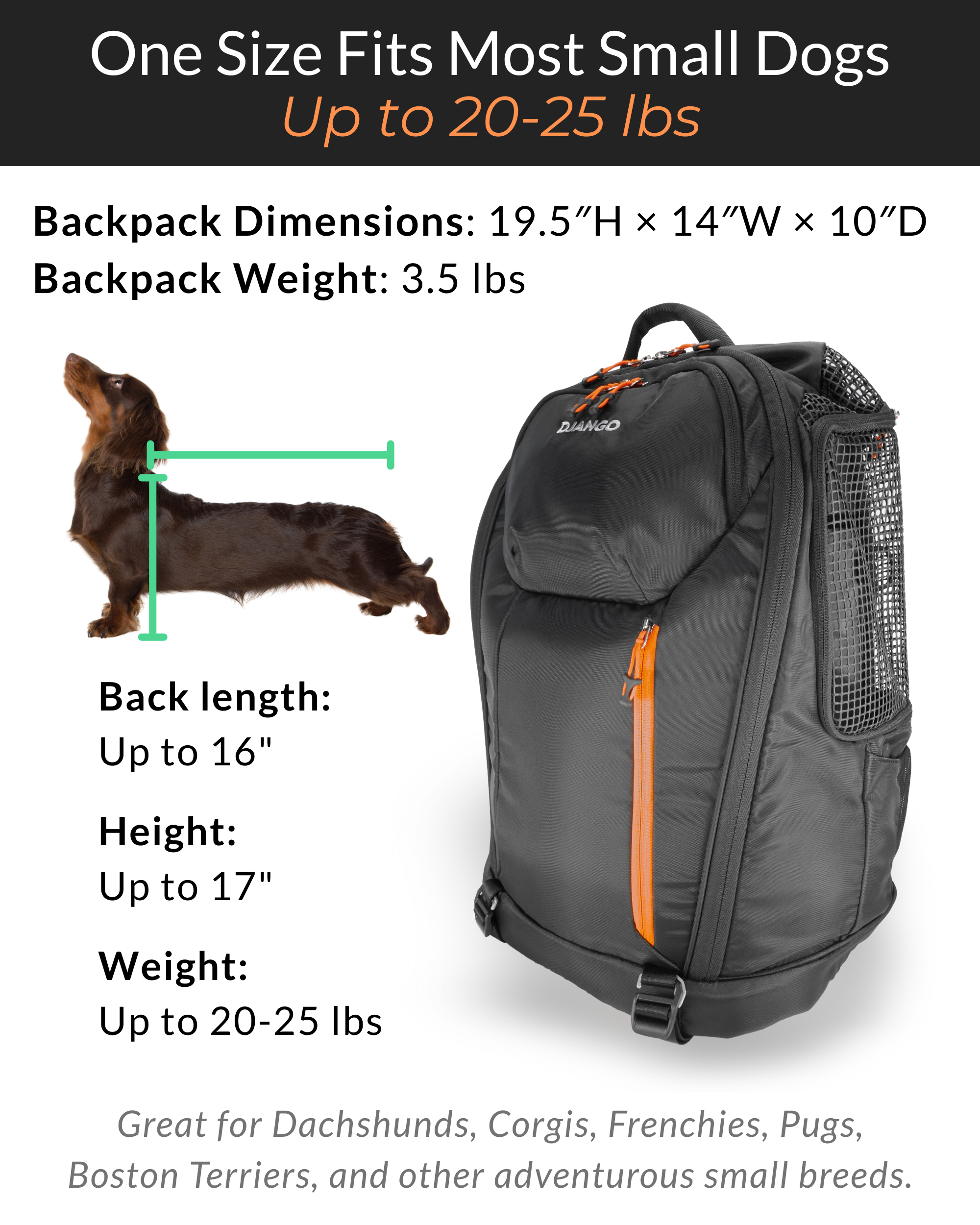 Image showing DJANGO's DjangoPack Dog Carrier Backpack measurements, weight and sizing for dogs and cats. Backpack carrier for pets up to 25 lbs - great for dachshunds, corgis, frenchies, pugs, boston terriers, and other adventure dogs