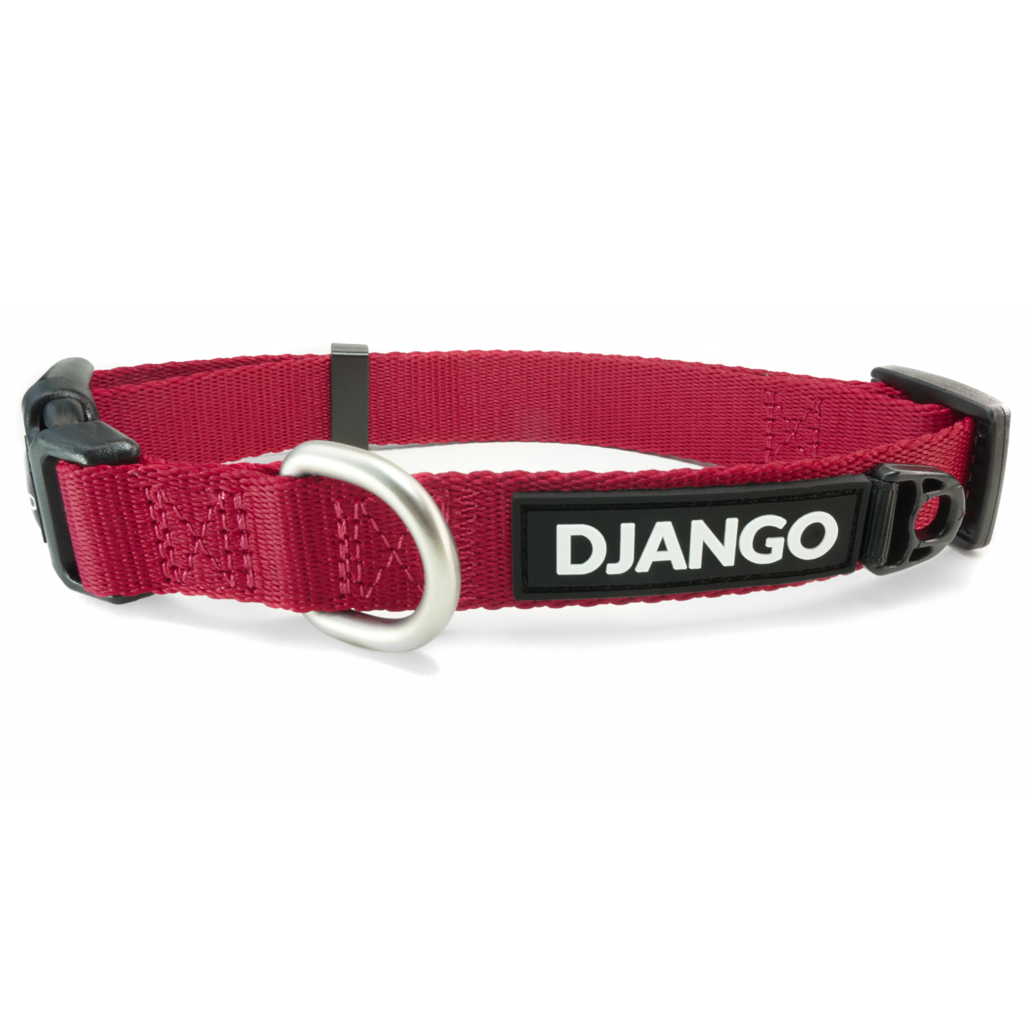 Red dog collar with black buckle and 'DJANGO' branding on a white background