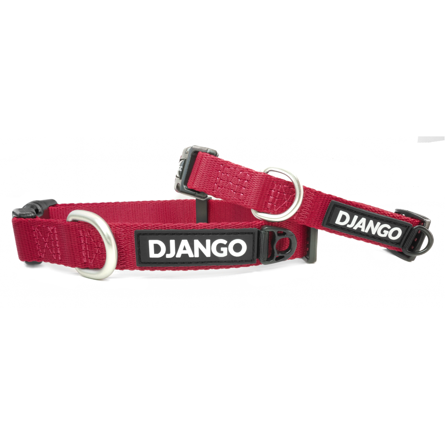 Two firelight red dog collars with 'DJANGO' branding on a white background
