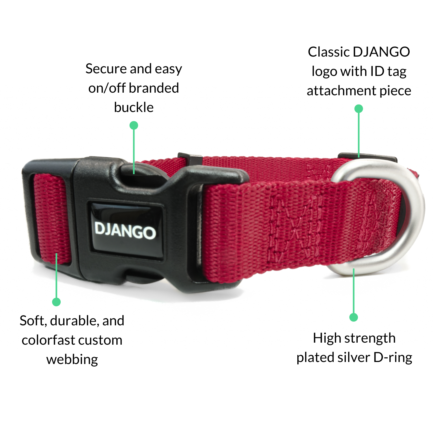 Red dog collar with adjustable feature, branded DJANGO secure buckle, and silver D-ring on a white background