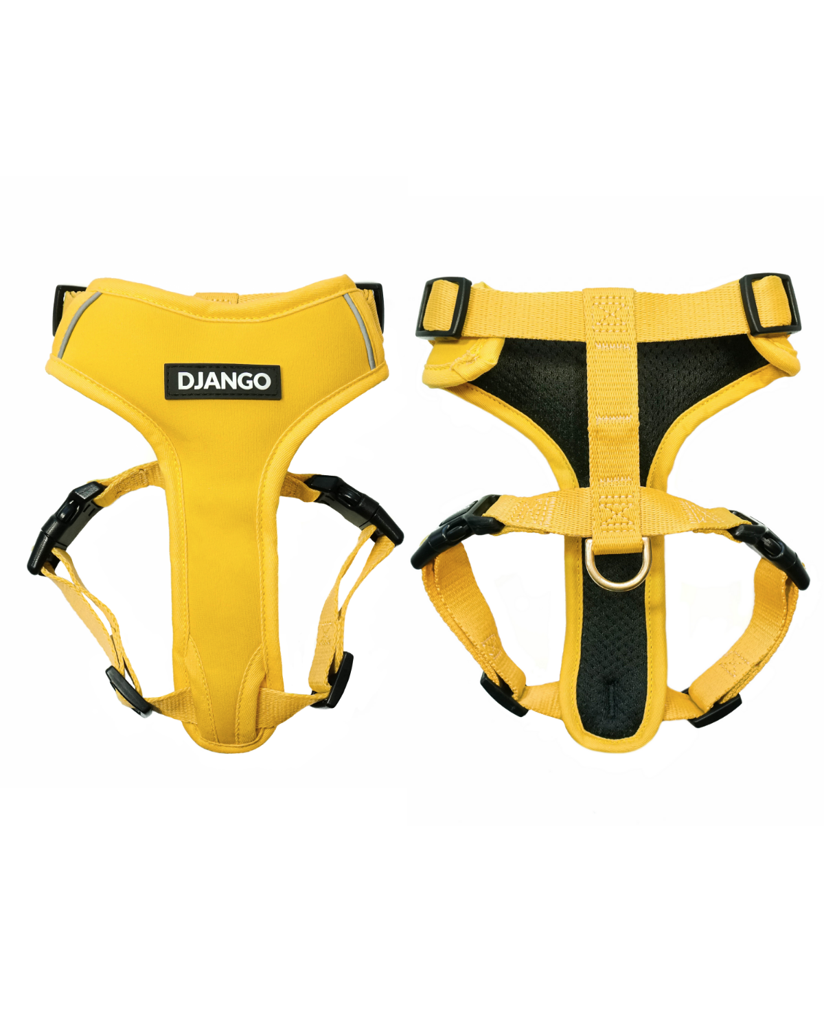 This vibrant yellow dog harness features a padded neoprene exterior, breathable mesh lining, and a secure, adjustable fit for small and medium dogs