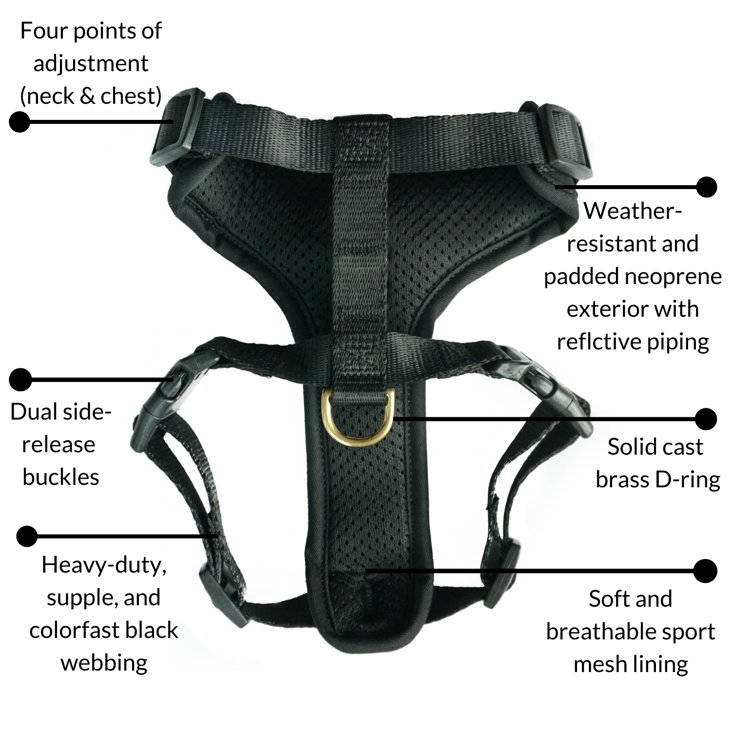 DJANGO's Adventure Cat Harness features a water-resistant and durable neoprene exterior, a lightweight and padded cat harness body, super soft custom webbing for max comfort, reflective piping for low light adventures, secure side release buckles for easy on and off, and a beautiful solid cast brass D-ring - djangobrand.com