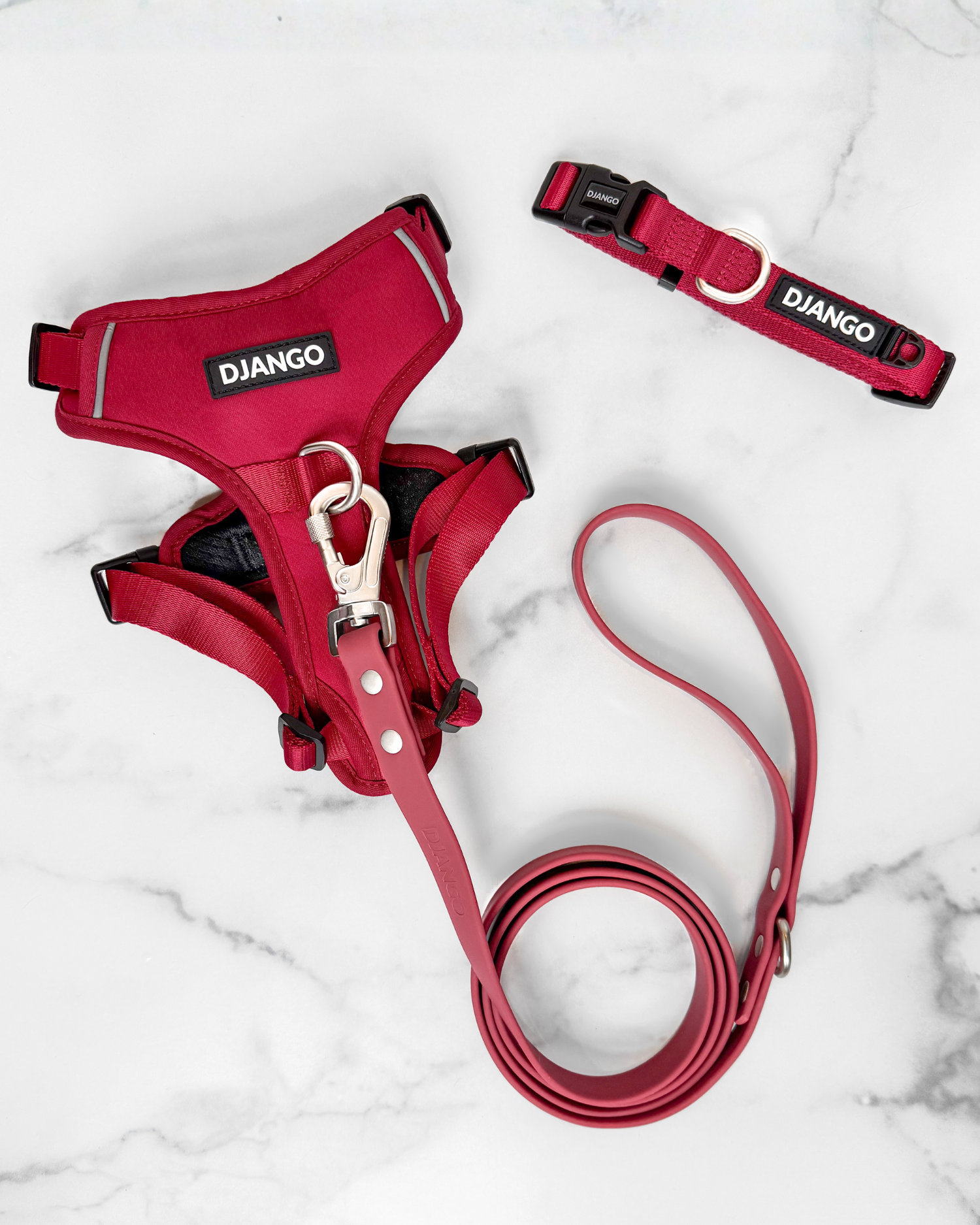 Matching DJANGO Tahoe Collection set in Firelight Red including Tahoe No Pull Dog Harness, Tahoe Waterproof Dog Leash, and Tahoe Dog Collar