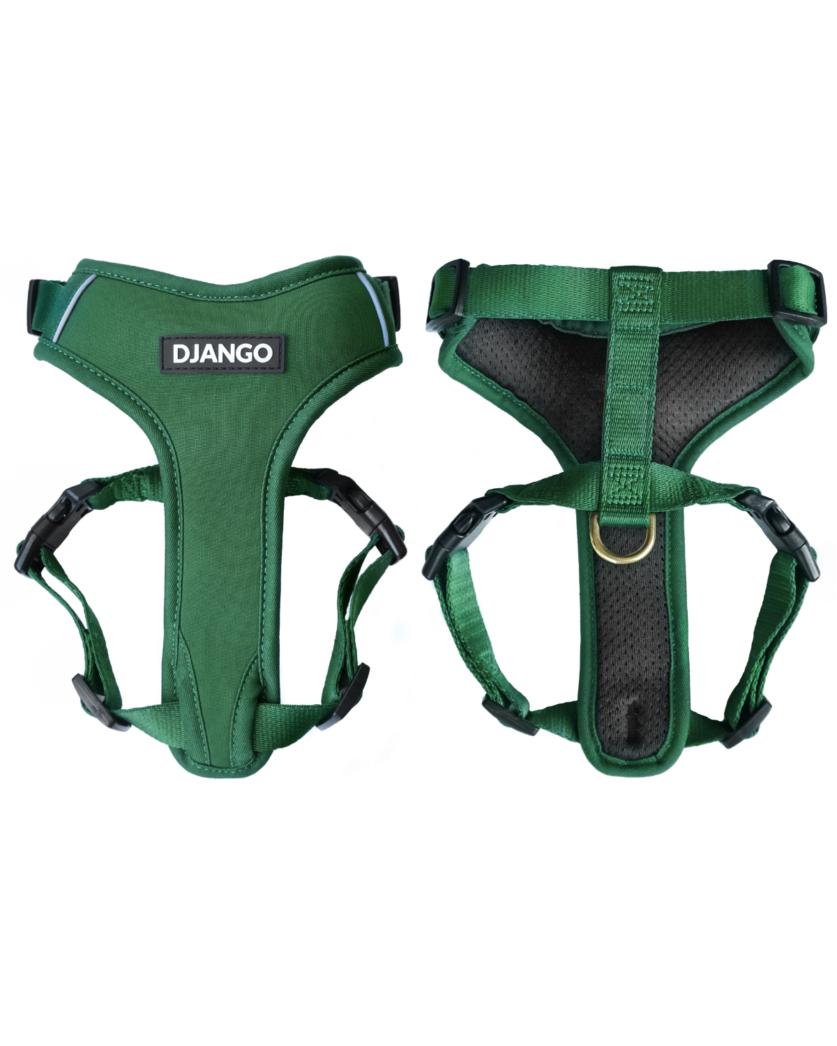 This sleek Forest Green dog harness combines comfort and durability with a padded neoprene exterior, breathable mesh lining, and a secure, adjustable fit for small and medium dogs.